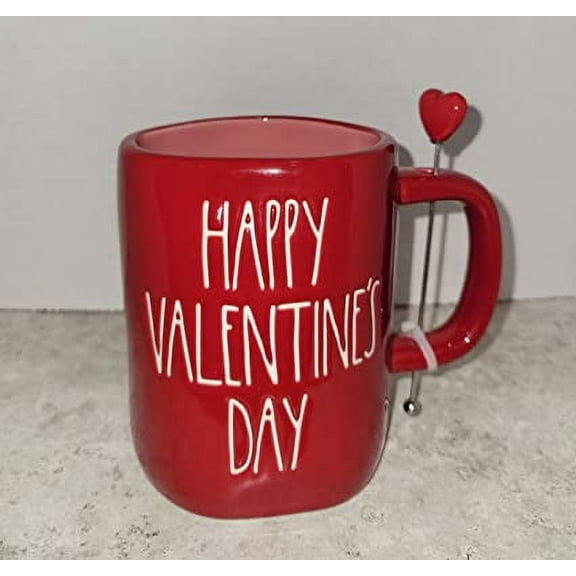 Rae Dunn Happy Valentine's Day Red Ceramic Mug with Pink interior Ivory LL Letters and Red Heart stirrer Valentine's Day