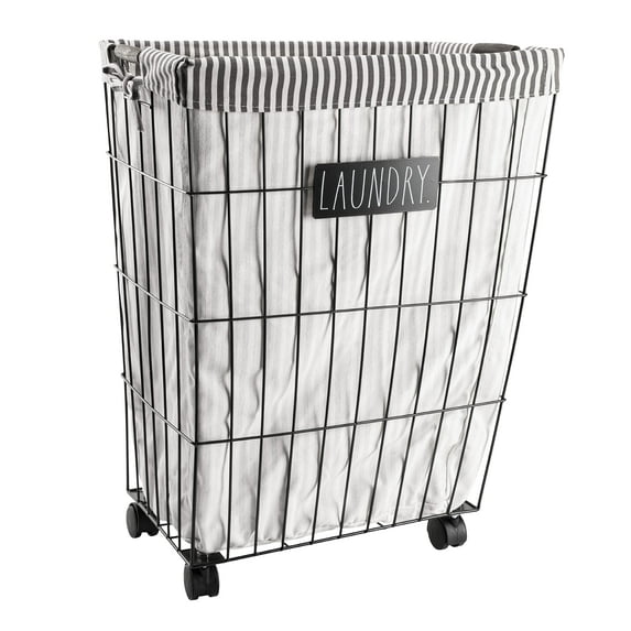 Rae Dunn Heavy Duty Laundry Hamper on Wheels (Wash) - Galvanized Metal Wire Basket with Liner - Portable Laundry Basket with Removable, Washable Cloth Liner - Laundry Room Accessories