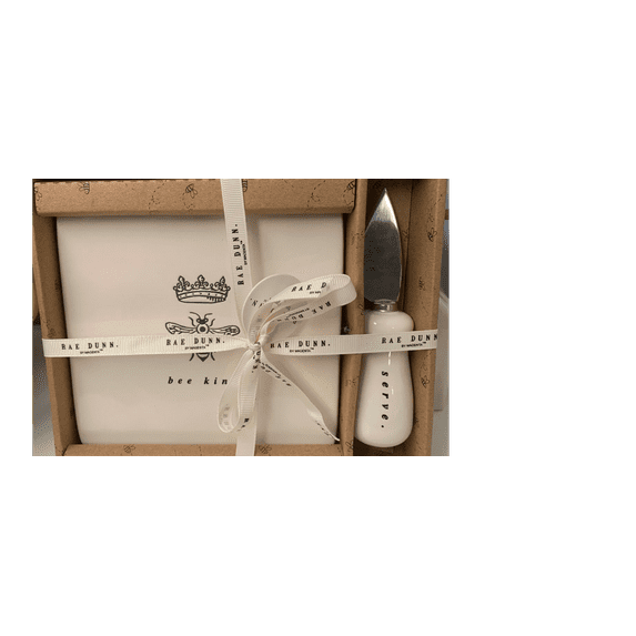 Rae Dunn Ivory BEE KIND Cheese Plate with Queen Bee Serve Knife with Black lettering