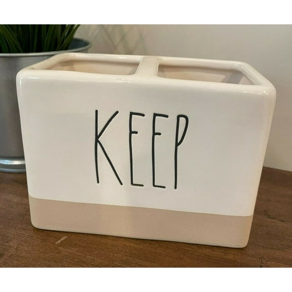 Rae Dunn Ivory KEEP Black LL lettering Two Compartment Brush Organizer with Sandstone accent