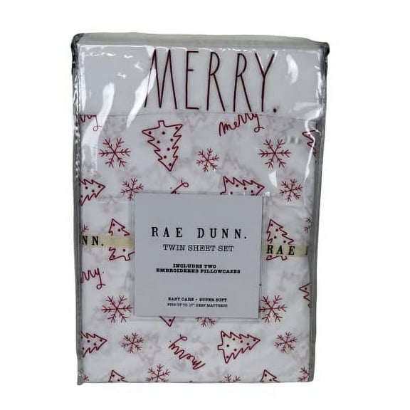 Rae Dunn Merry Christmas Tree Holiday Twin Size 3 Piece Sheet Set