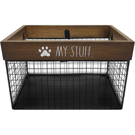 Rae Dunn Pet Toy Basket - Metal & Wood Dog & Cat Toy Storage Bin - Organizer for Leash, Blanket, Treats, Food & Accessories - Container Baskets, 9.75" x 8" x 6"
