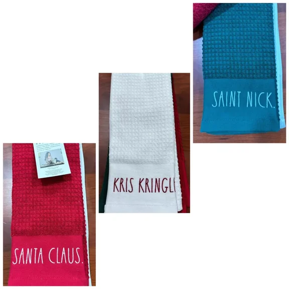 Rae Dunn Red Santa Claus, Green Saint Nick, White Kris Kringle Set of 3 Kitchen Towels 100% Cotton Christmas