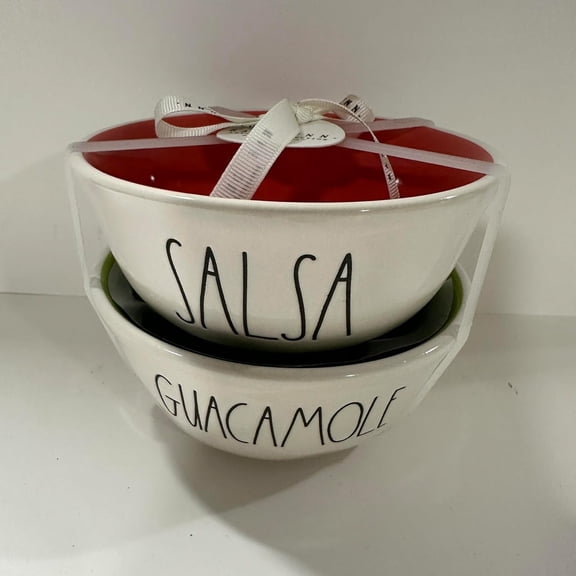 Rae Dunn SALSA GUACAMOLE 2 Bowl set in Ceramic Ivory exterior Salsa has Red interior Guacamole has Green interior Black LL letters Kitchen Dining and Entertaining