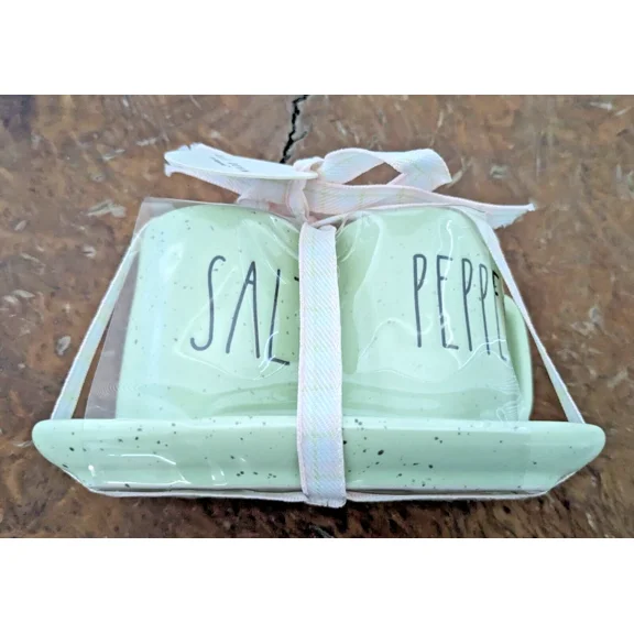 Rae Dunn Salt & Pepper Shakers & Tray Set Green Speckled Ceramic