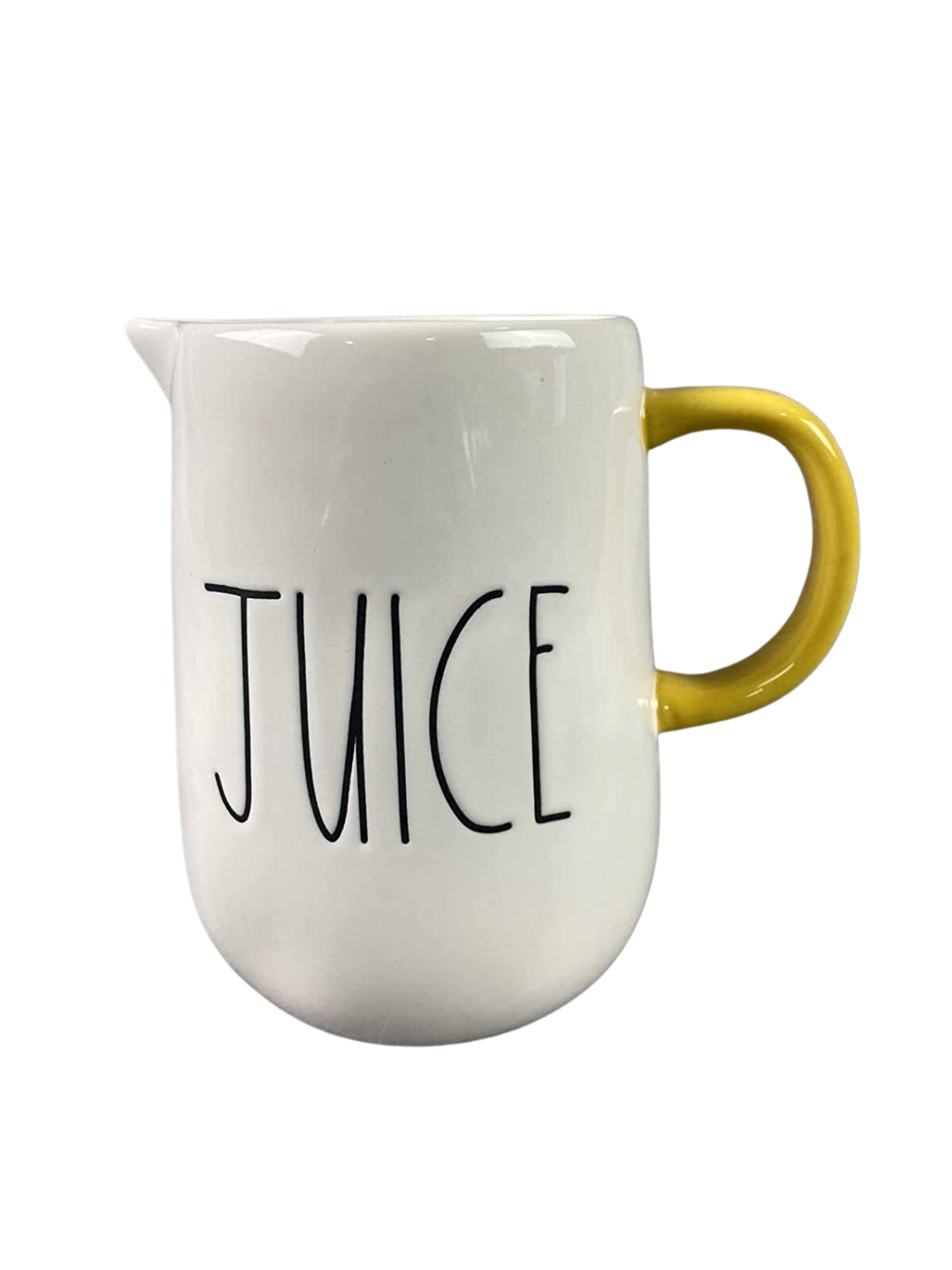 Rae Dunn Small JUICE Ceramic Pitcher 5" with yellow handle and Black LL Letters Kitchen