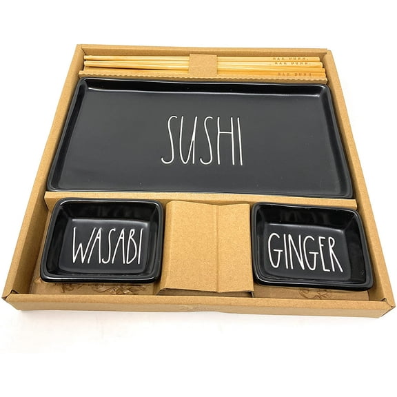 Rae Dunn "Sushi" Plate, Dip Bowls "Wasabi & Ginger" and Set of Chop Sticks Black Ceramic