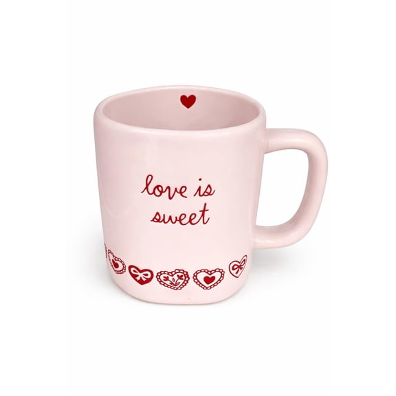 Rae Dunn Valentine's Day Coffee Mug, Blush Pink - Love is Sweet - Heart Border