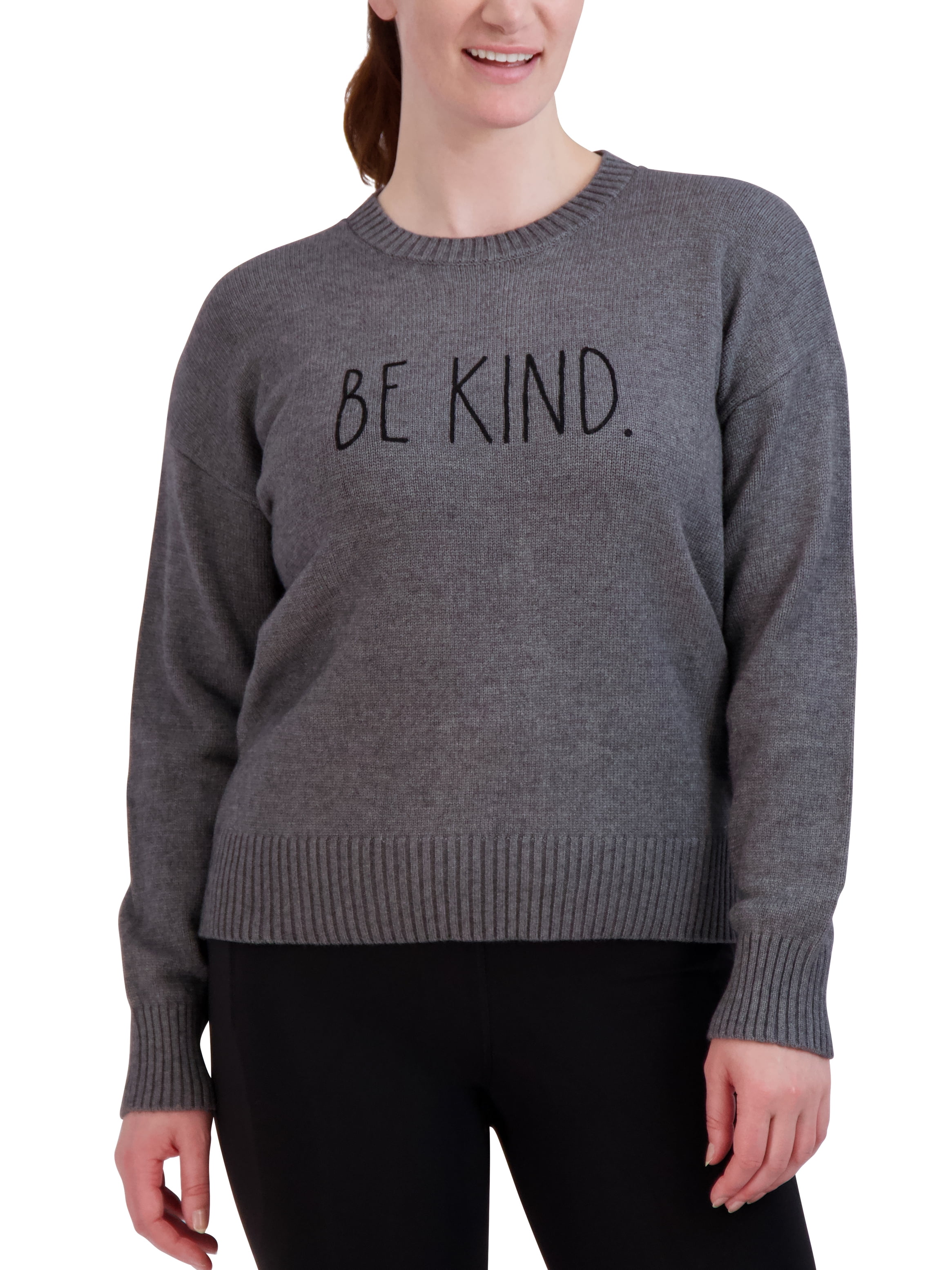 Rae Dunn Women's BE KIND Knit Embroidered Soft Sweater Crew Neck