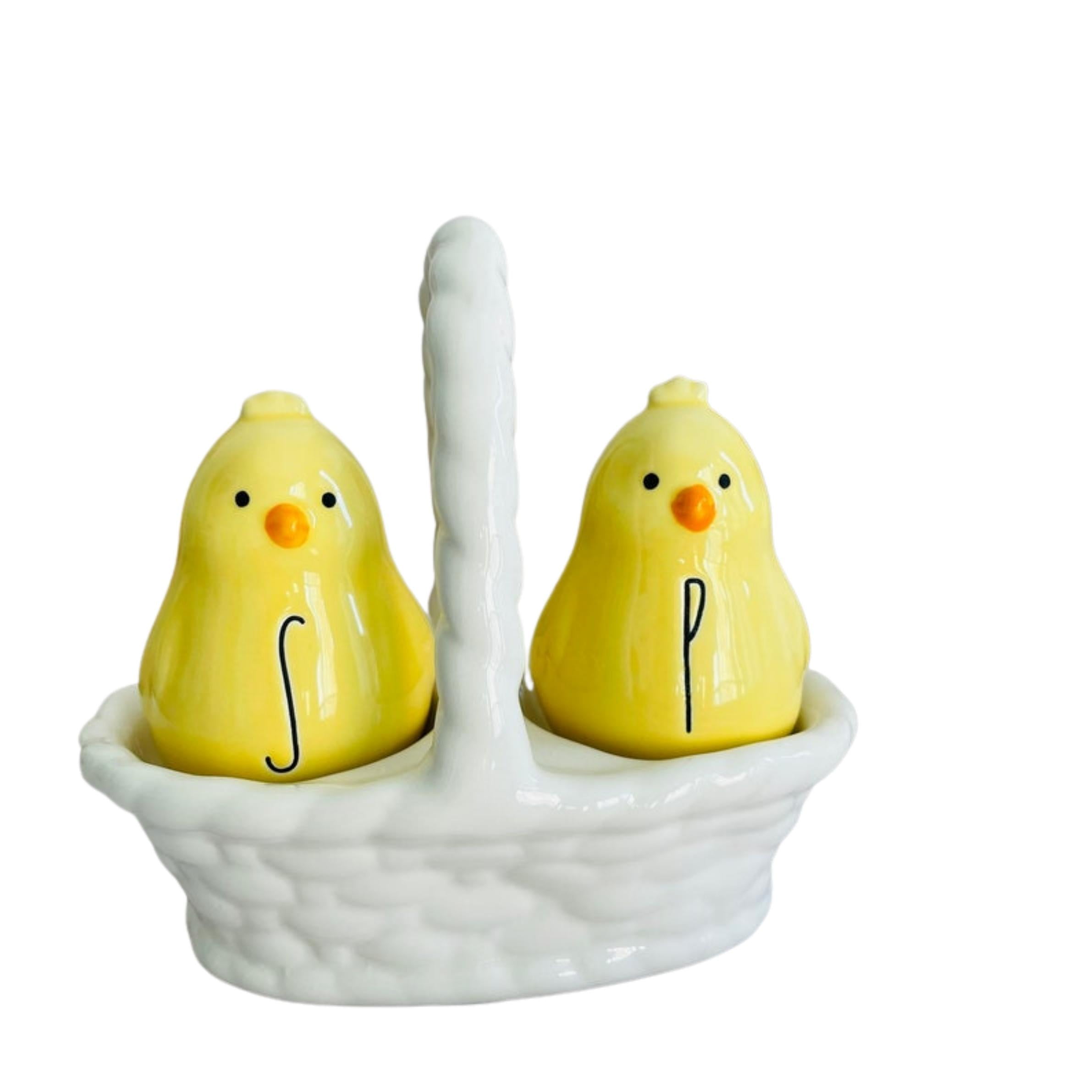Rae Dunn Yellow Peep Chicks Ceramic Salt and Pepper Shaker Set in White Basket Black LL letters Easter