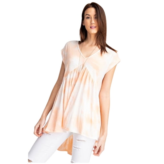 Rae Mode Womens Knit Gauze V-neck Hi-Lo Tie Dye Short Sleeve Top (Peach, Large)