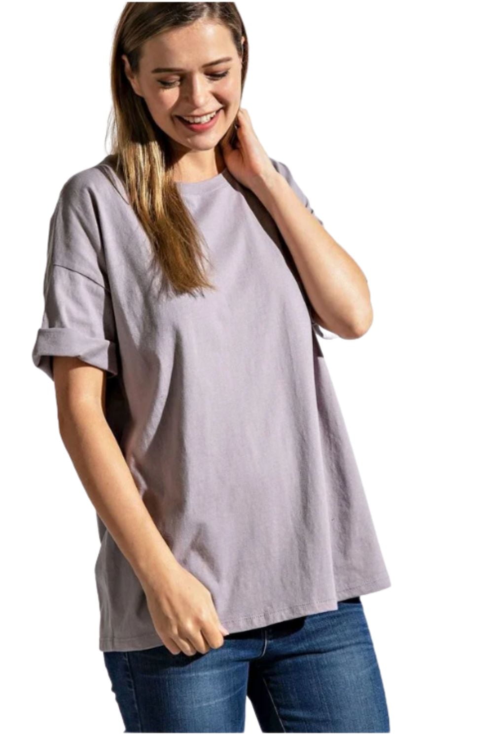 Rae Mode Womens Round Neck Rolled Short Sleeve Tee Shirt (Large, Lavender)  