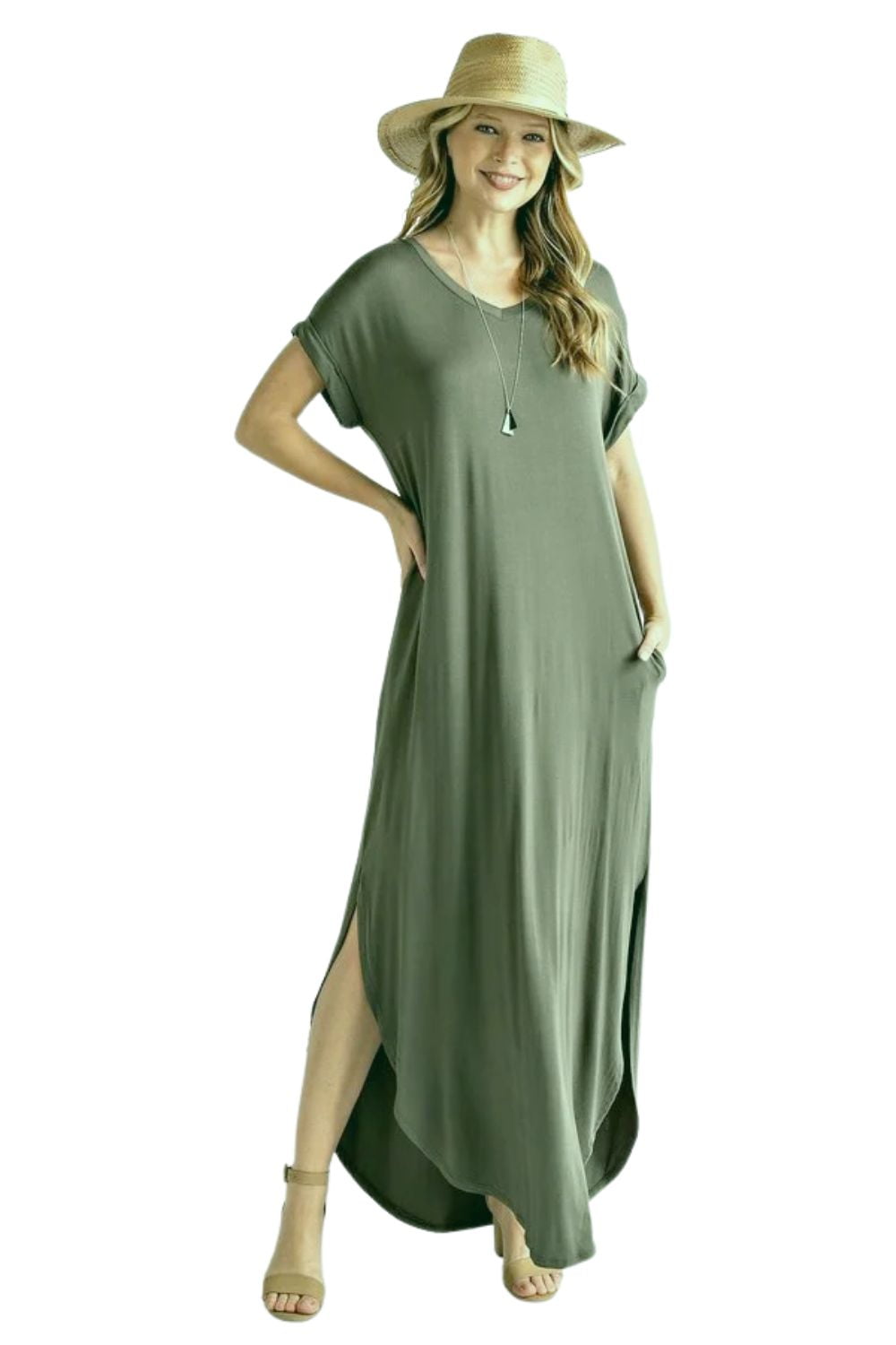 Rae Mode Womens V-Neck Slit Side With Pockets Maxi Dress (Large, OLIVE)