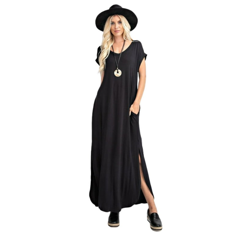 Rae Mode Womens V-Neck Slit Side With Pockets Maxi Dress (Small, BLACK) 