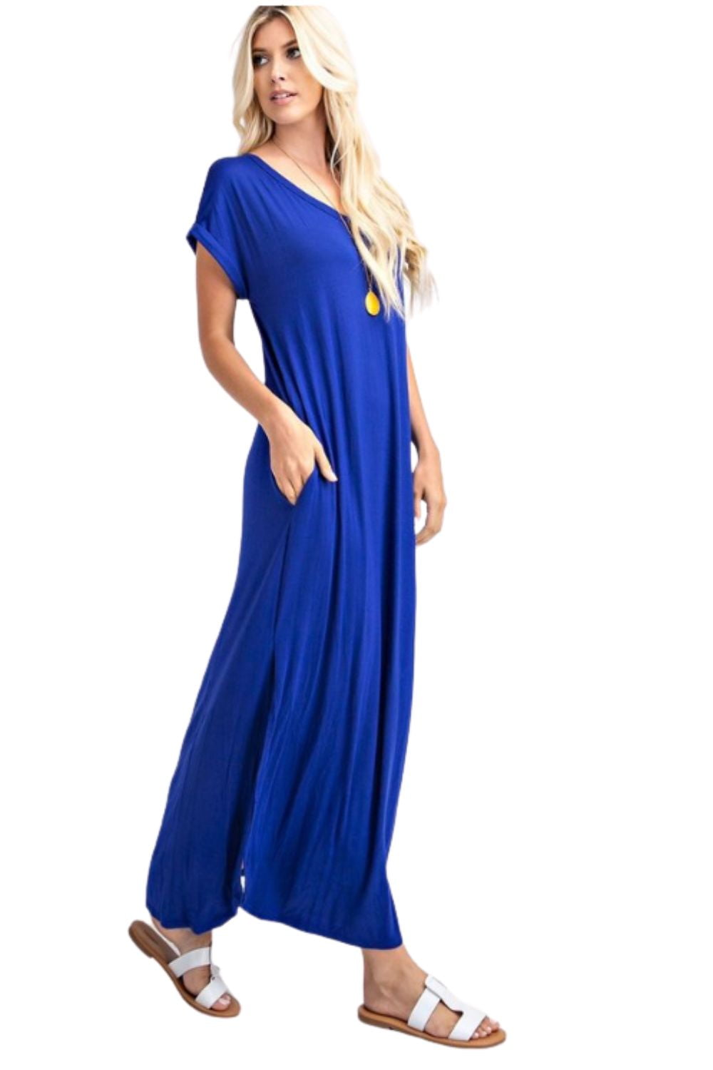 Rae Mode Womens V-Neck Slit Side With Pockets Maxi Dress (Large, OLIVE) 