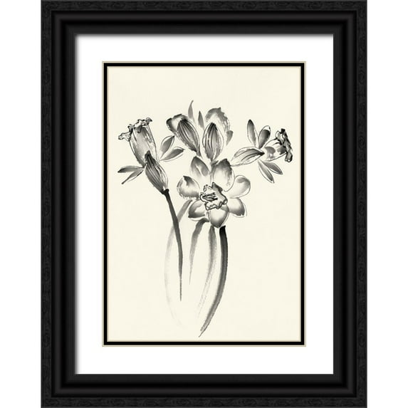 Rae, Nan 14x18 Black Ornate Wood Framed with Double Matting Museum Art Print Titled - Ink Wash Floral I - Daffodils