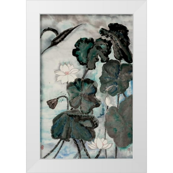 Rae, Nan 17x24 White Modern Wood Framed Museum Art Print Titled - Lotus Study with Blue Green I