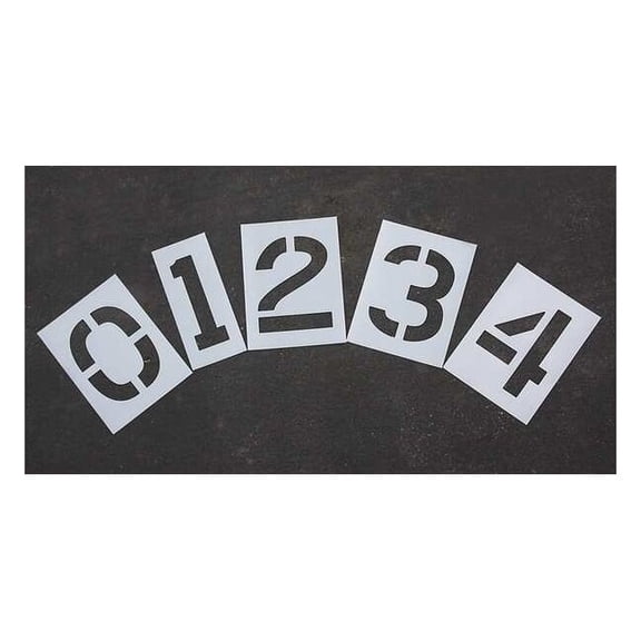 Pavement Stencil, Number Set, 0 Thru 9, Blanks, 12 in Character Height, Highway Gothic Font, Clear