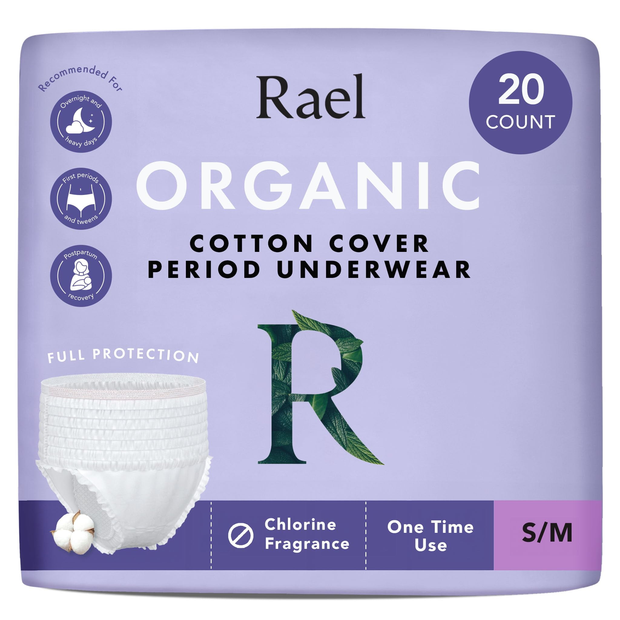Rael Disposable Underwear for Women, Organic Cotton Cover - Incontinence Pads, Postpartum Essentials, Disposable Underwear, Unscented, Maximum Coverage (Size S-M, 20 Count)