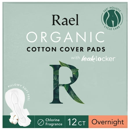 Rael Organic Cotton Cover Menstrual Overnight Pads, Unscented, for Maximum Absorbency, 12 Count
