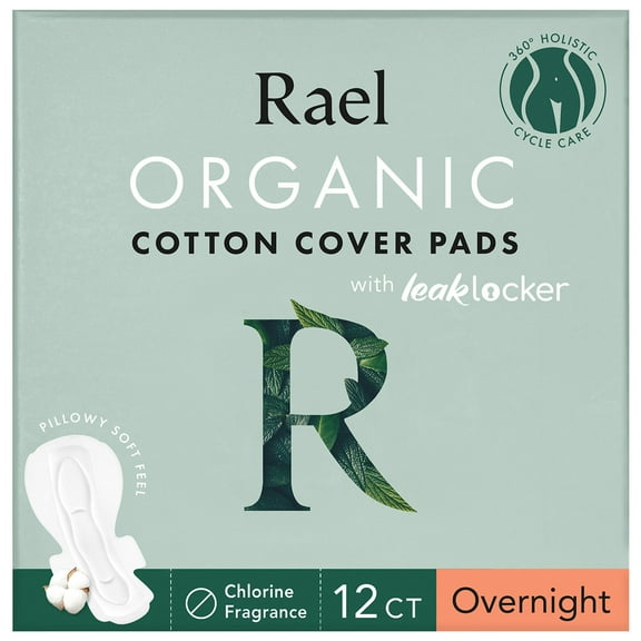 Rael Organic Cotton Cover Menstrual Overnight Pads, Unscented, for Maximum Absorbency, 12 Count