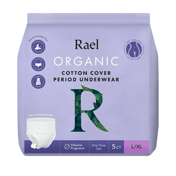 Rael Certified Organic Cotton Disposable Period Underwear, for Heavy Flows, Size L/XL, 5 Count
