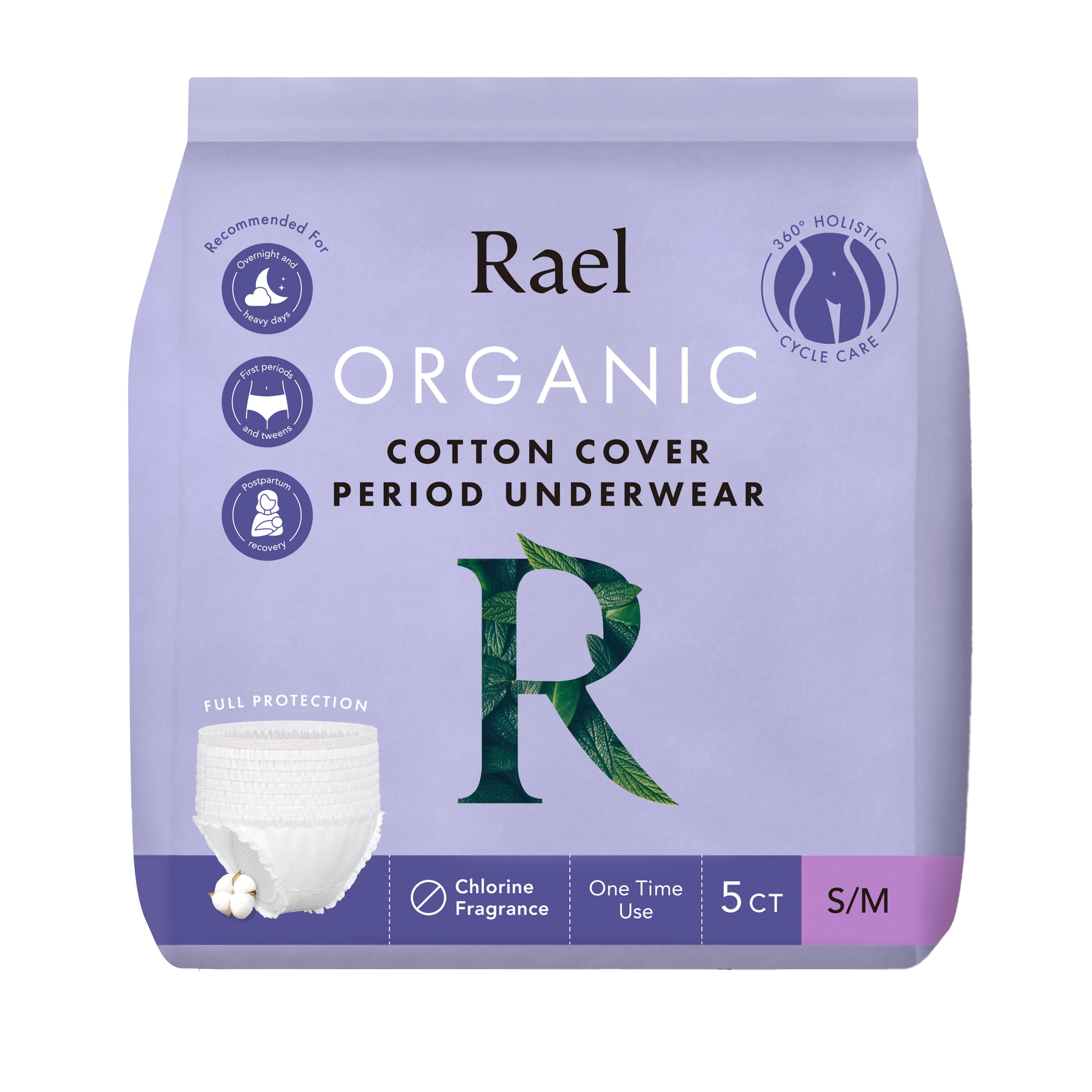Rael Organic Cotton Disposable Period Underwear, for Heavy Flows, Size S/M, 5 Count