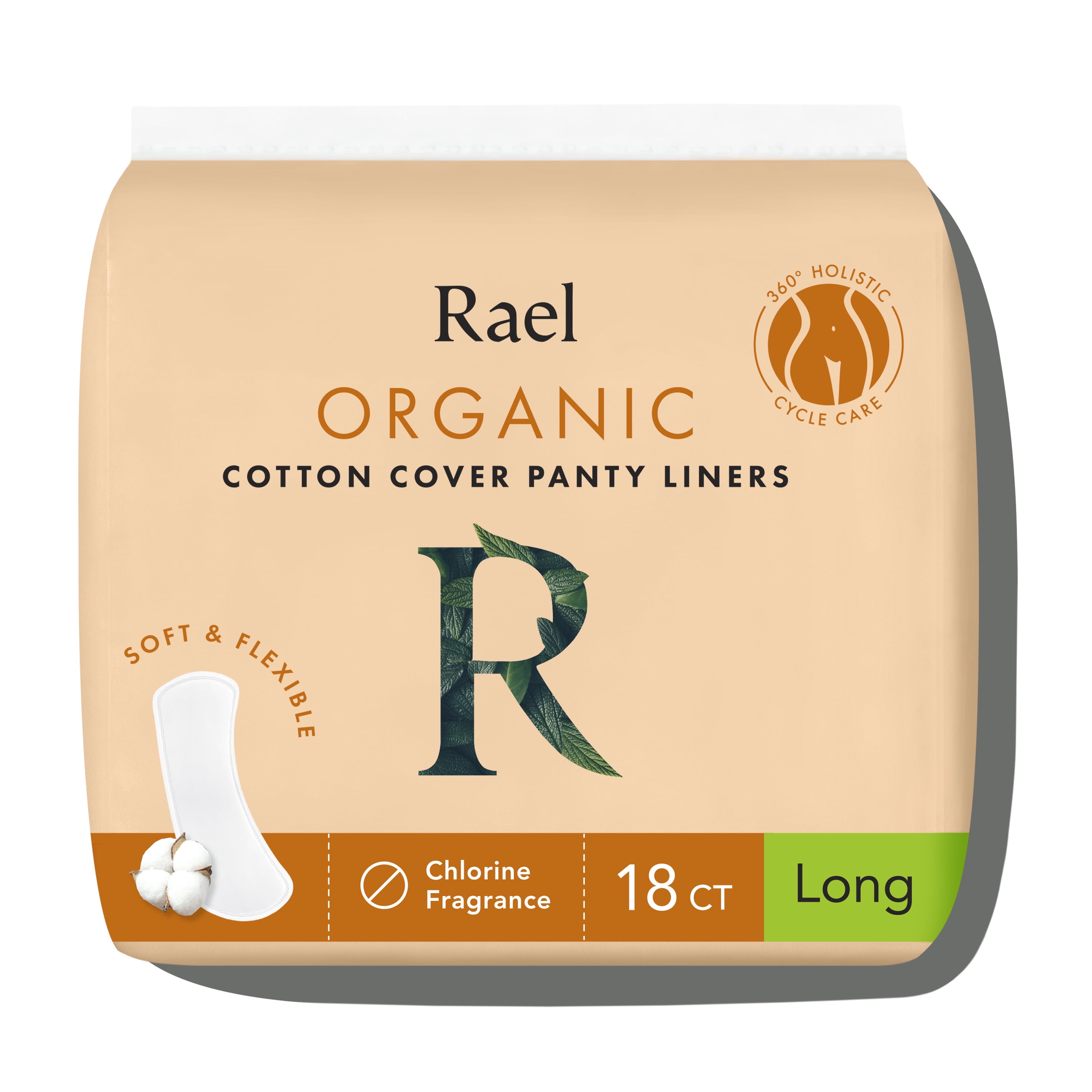 Rael Organic Cotton Cover Long Panty Liners, 18 Count