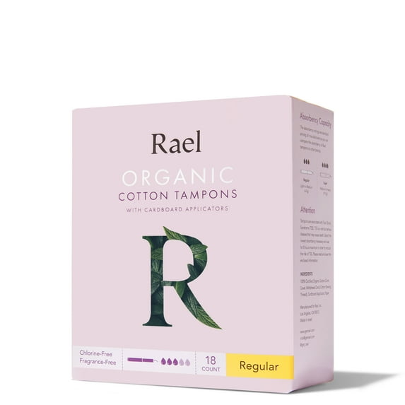 Rael Organic Cotton Regular Tampons with Cardboard Applicators - Biodegradable, Unscented, Chlorine Free, Natural, 16 Count