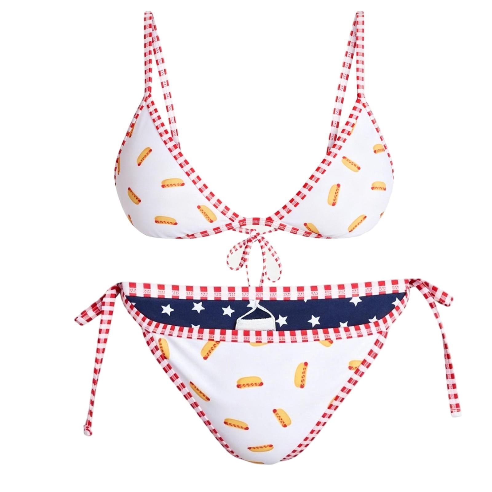 Raeneomay Hotdog Bikini Set 2 Piece Women's Reversible Hot Dog Bathing Suit Triangle Halter Swimsuit Summer Beach White Swimwear with Dogs Print 2-in-1