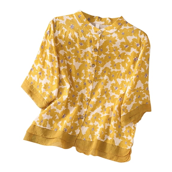 Raeneomay 3/4 Length Sleeve Womens Tops 2024 Summer New Personality Design Thin Cardigan Printed Shirt Loose Vintage Cotton Linen Blouse