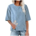 thumbnail image 1 of Raeneomay 3/4 Length Sleeve Womens Tops 2024 Summer New Women's Crew-Neck Single-breasted Cotton and Linen Top, 1 of 2