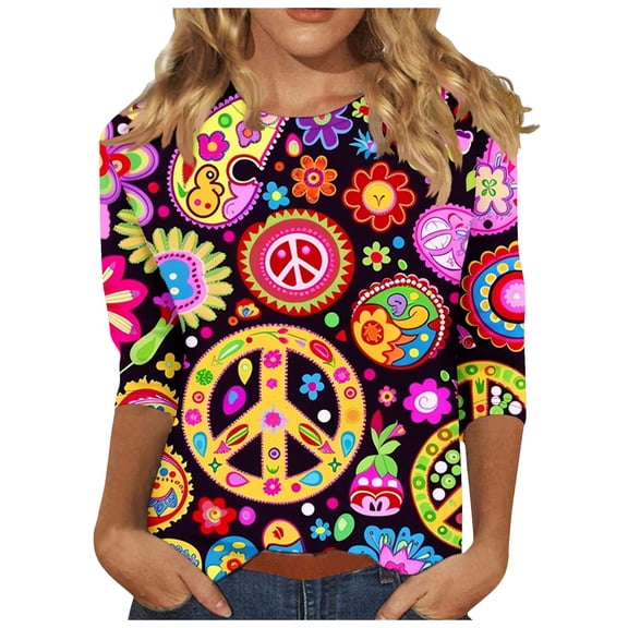 Raeneomay 3/4 Length Sleeve Womens Tops Casual Fashion T-Shirt Printed Round Neck Ruched Pullover Blouse Tops
