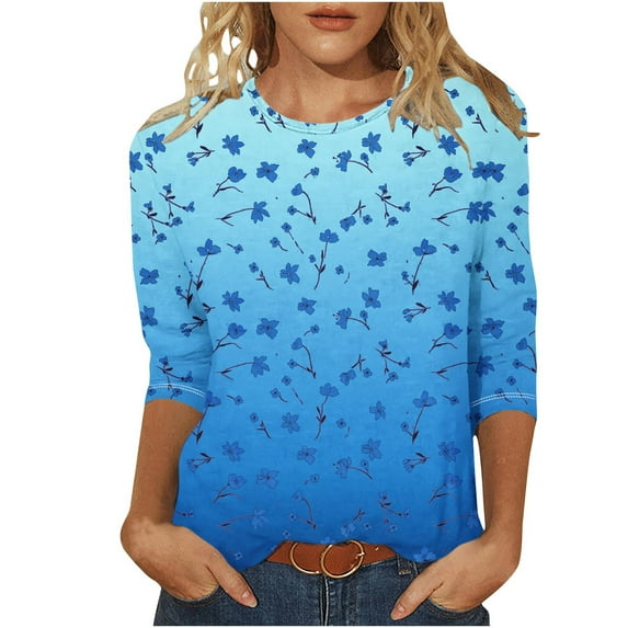 Raeneomay 3/4 Length Sleeve Womens Tops Fashion Casual Color Block Printing Round Neck T-Shirt Top Blouse