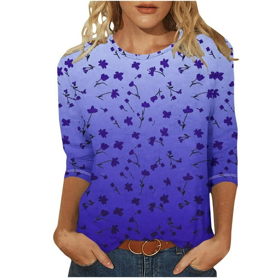 Raeneomay 3/4 Length Sleeve Womens Tops Fashion Casual Color Block Printing Round Neck T-Shirt Top Blouse