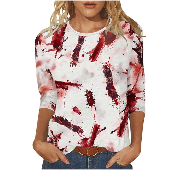 Raeneomay 3/4 Length Sleeve Womens Tops Fashion Halloween Printed T-Shirt Blouse Round Neck Casual Tops