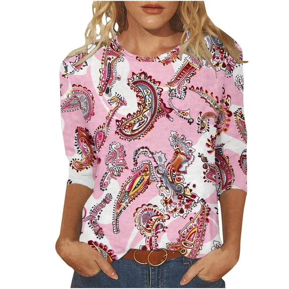 Raeneomay 3/4 Length Sleeve Womens Tops Fashion Printed T-Shirt Blouse Round Neck Casual Tops