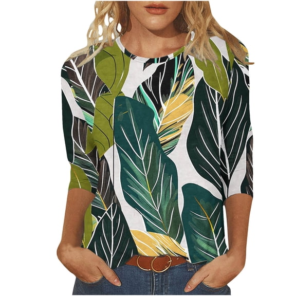 Raeneomay 3/4 Length Sleeve Womens Tops Fashion Printed T-Shirt Blouse Round Neck Casual Tops
