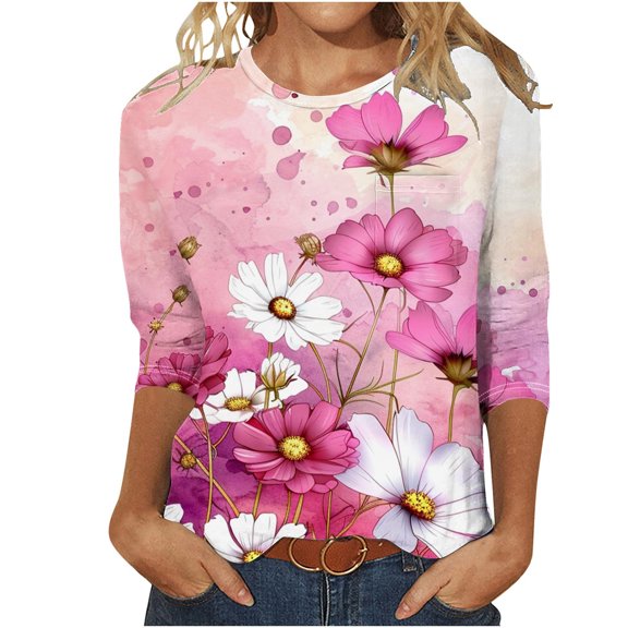 Raeneomay 3/4 Length Sleeve Womens Tops Fashion Woman Casual Round Neck Printing Blouse T-Shirt Summer Tops