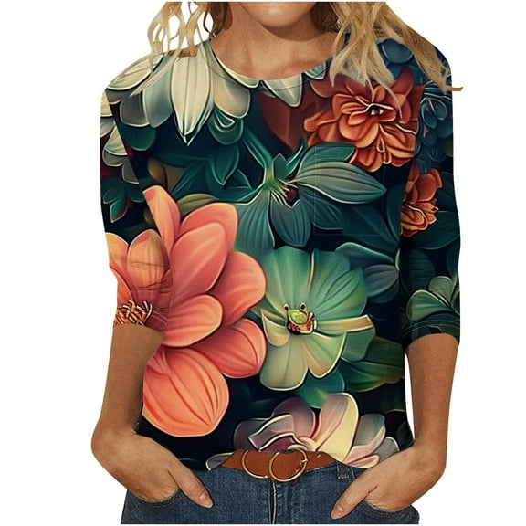 Raeneomay 3/4 Length Sleeve Womens Tops Fashion Woman Casual Round Neck Printing Blouse T-Shirt Summer Tops