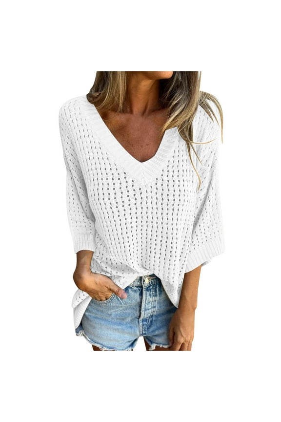 3/4 Length Sleeve Womens Tops Hollowed Out Outer Layer Knitted Mountain Lazy Style Design V-Neck Tops