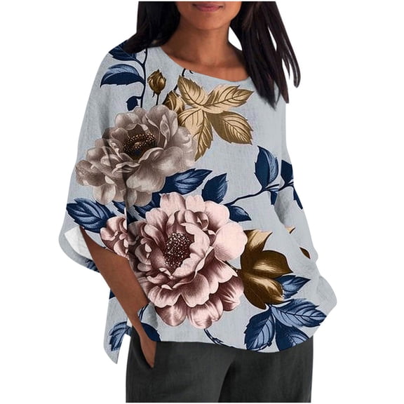 Raeneomay 3/4 Length Sleeve Womens Tops Ladies Fashion Casual Cropped Printing Loose Shirt Blouse Top