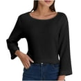 thumbnail image 1 of Raeneomay 3/4 Length Sleeve Womens Tops Solid Color Linen Solid Color Round Neck Casual Commuting Shirt Top, 1 of 6