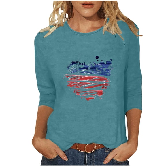 Raeneomay 3/4 Length Sleeve Womens Tops Summer Loose and Comfortable Independence Day Printed Round Neck Top