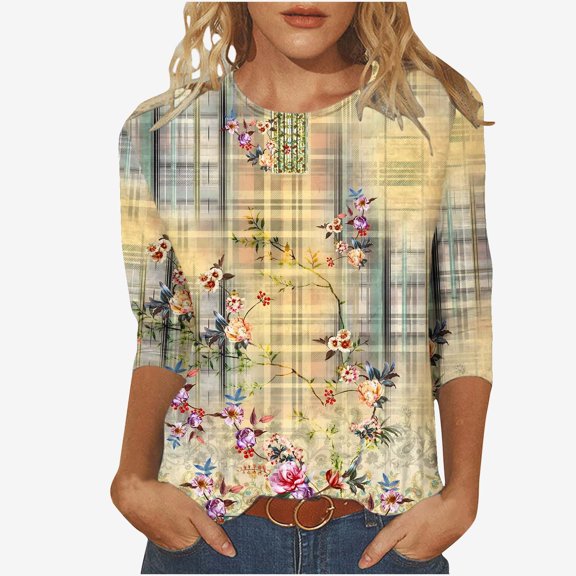 Raeneomay 3/4 Length Sleeve Womens Tops Women Fashion Printed T-Shirt Blouse Round Neck Casual Tops