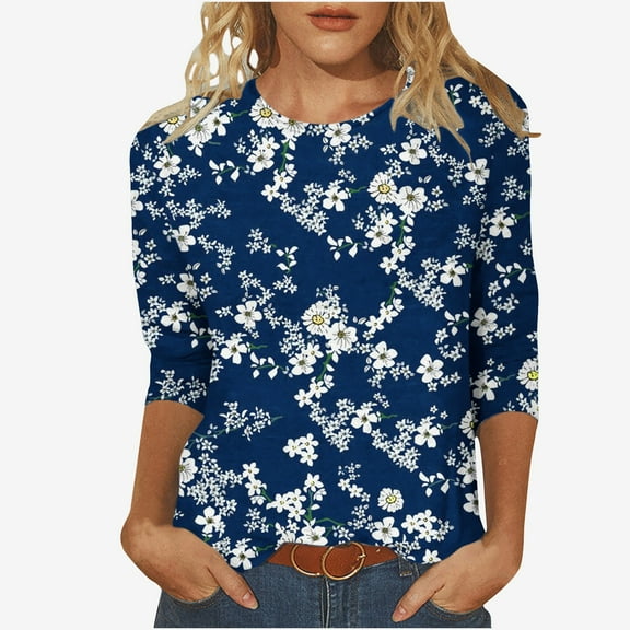 Raeneomay 3/4 Length Sleeve Womens Tops Women Fashion Printed T-Shirt Blouse Round Neck Casual Tops