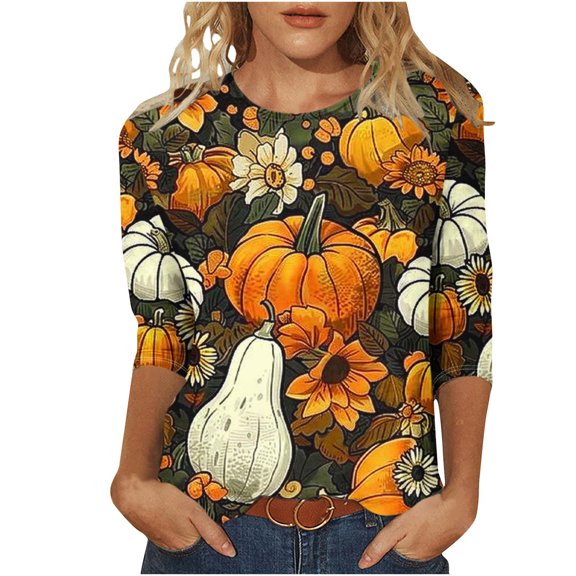 Raeneomay 3/4 Length Sleeve Womens Tops Women Fashion Thanksgiving Pumpkin Fruit Print Round Neck Three Quarter Sleeve 3/4 Sleeve T-Shirt Top