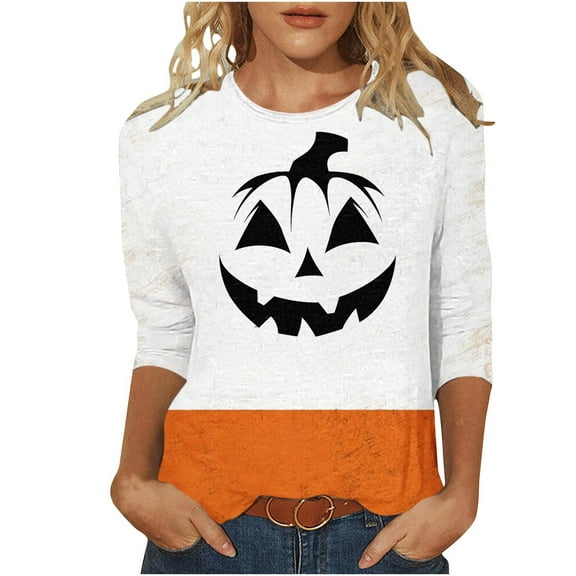 Raeneomay 3/4 Length Sleeve Womens Tops Women's Crew Neck Print 3/4 Sleeve T-Shirt Tops