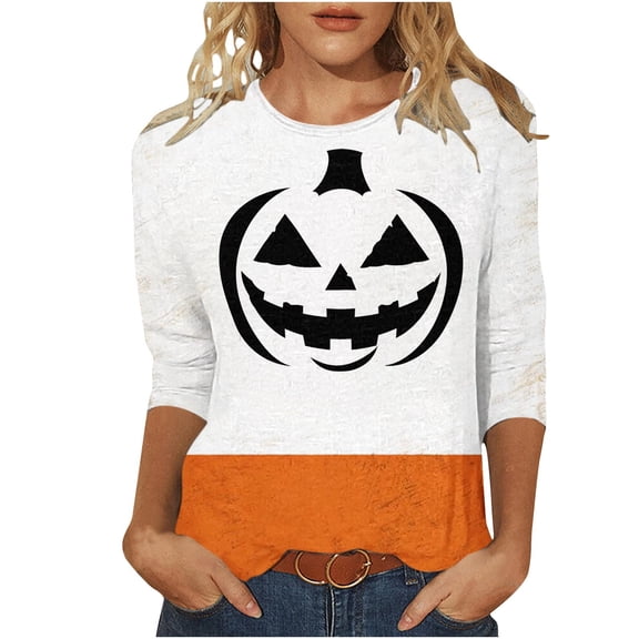 Raeneomay 3/4 Length Sleeve Womens Tops Women's Crew Neck Print 3/4 Sleeve T-Shirt Tops