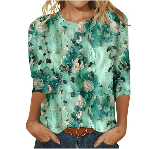 Raeneomay 3/4 Length Sleeve Womens Tops Women's Fashion Casual CrewNeck T-Shirts Floral Print Basic Tops Tees Blouses